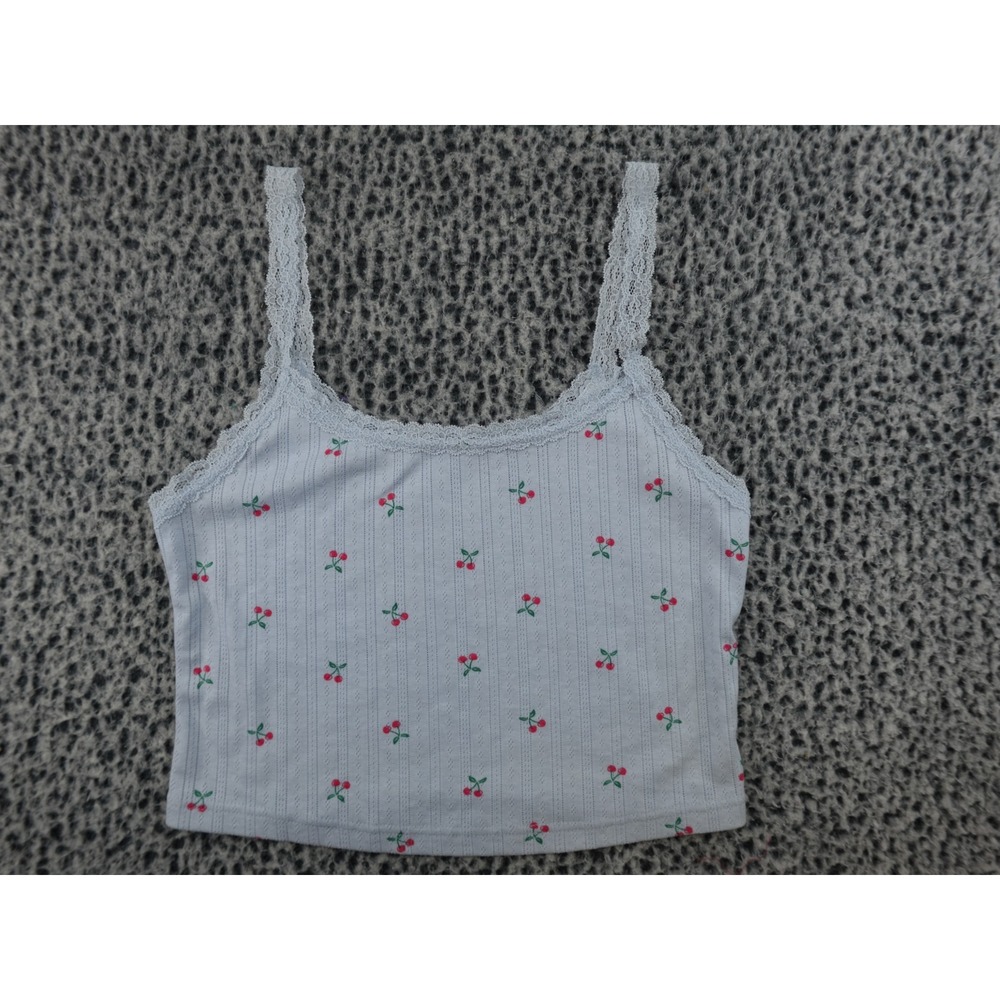 Urban Outfitters Cherry Print Pointelle Lace Trim‎ Tank Top Cami Blue Small Good